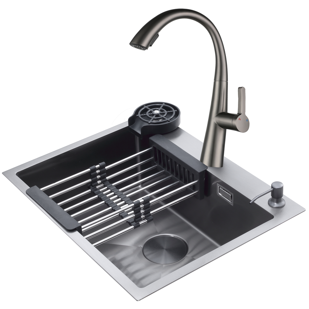 Fregadero Y Griferia Drija 61 Cm Con Sistema Antirreboso Antiruido Y Enjuagador De Vaso Acero Satinado