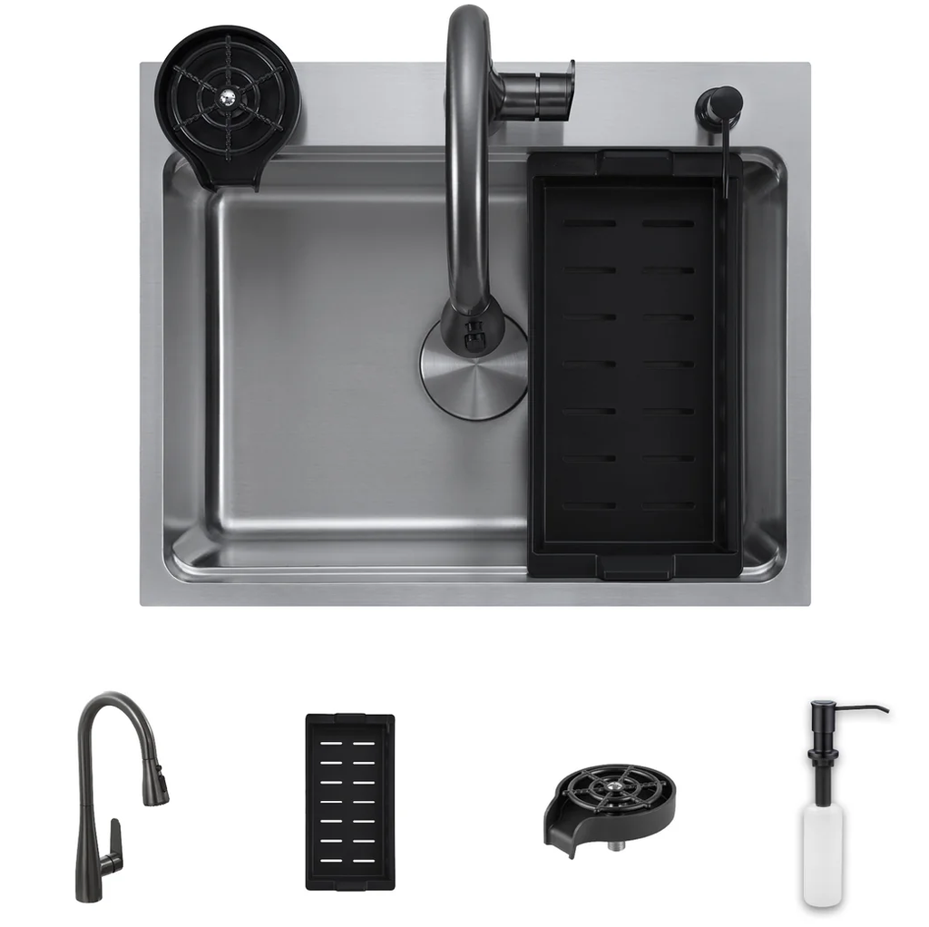 Fregadero Y Griferia Gasco 61 Cm Con Escurridor Enjuagador De Vaso Dispensador De Jabon Acero 