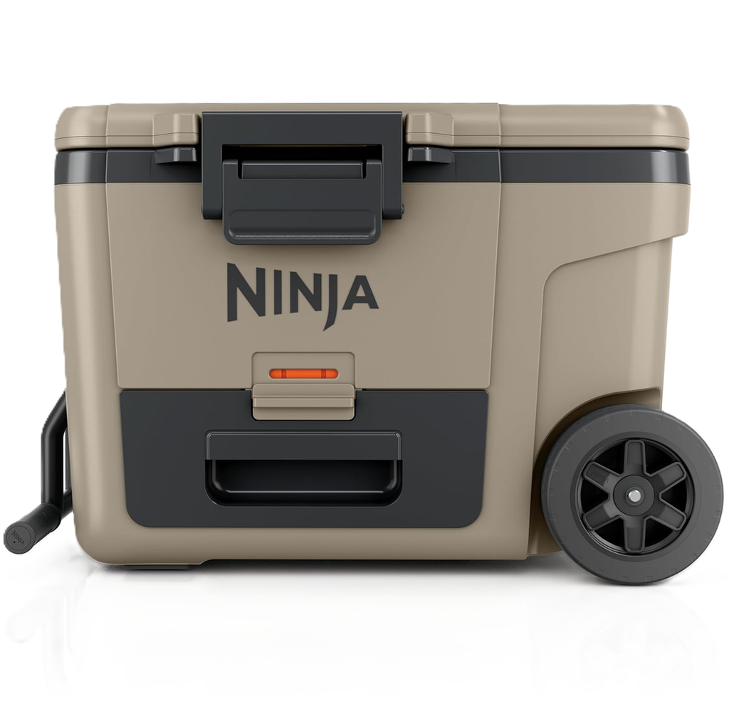 Cava Ninja FrostVault 43 Lts 45 Qt Con Zona Seca Para Almacenamiento Ruedas Y Asa Beige Y Negro