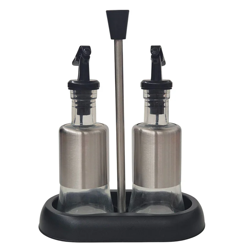 Set De Vinagreras Bistro Para Aceite Y Vinagre Con Base 175 Ml Acero Y Blanco