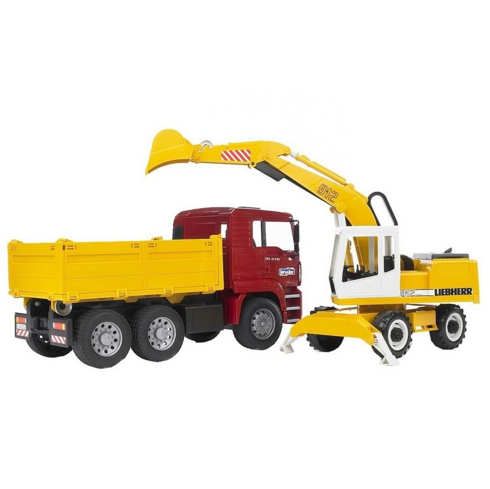 Camion Volquete Man Con Retroexcavadora Liebherr Bruder Amarillo Y Rojo
