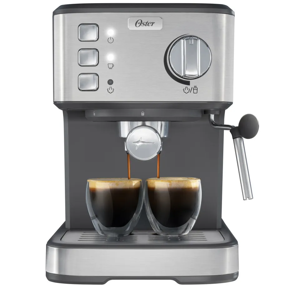Cafetera Expreso Oster Compacta 15 Bares Dual De Capsulas Y Molido Con Espumador Plateado