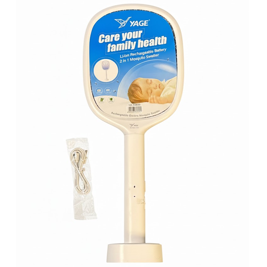 Raqueta Antimosquitos Yage Recargable 2 en 1 Con Base 4 LED UV Y Cable Tipo C Blanco