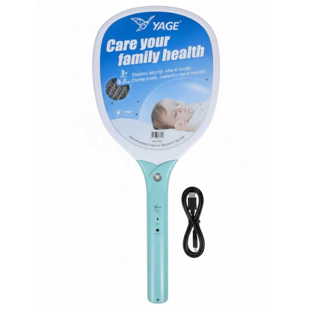 Raqueta Antimosquitos Yage Recargable 1 LED Con Enchufe Blanco Y Azul