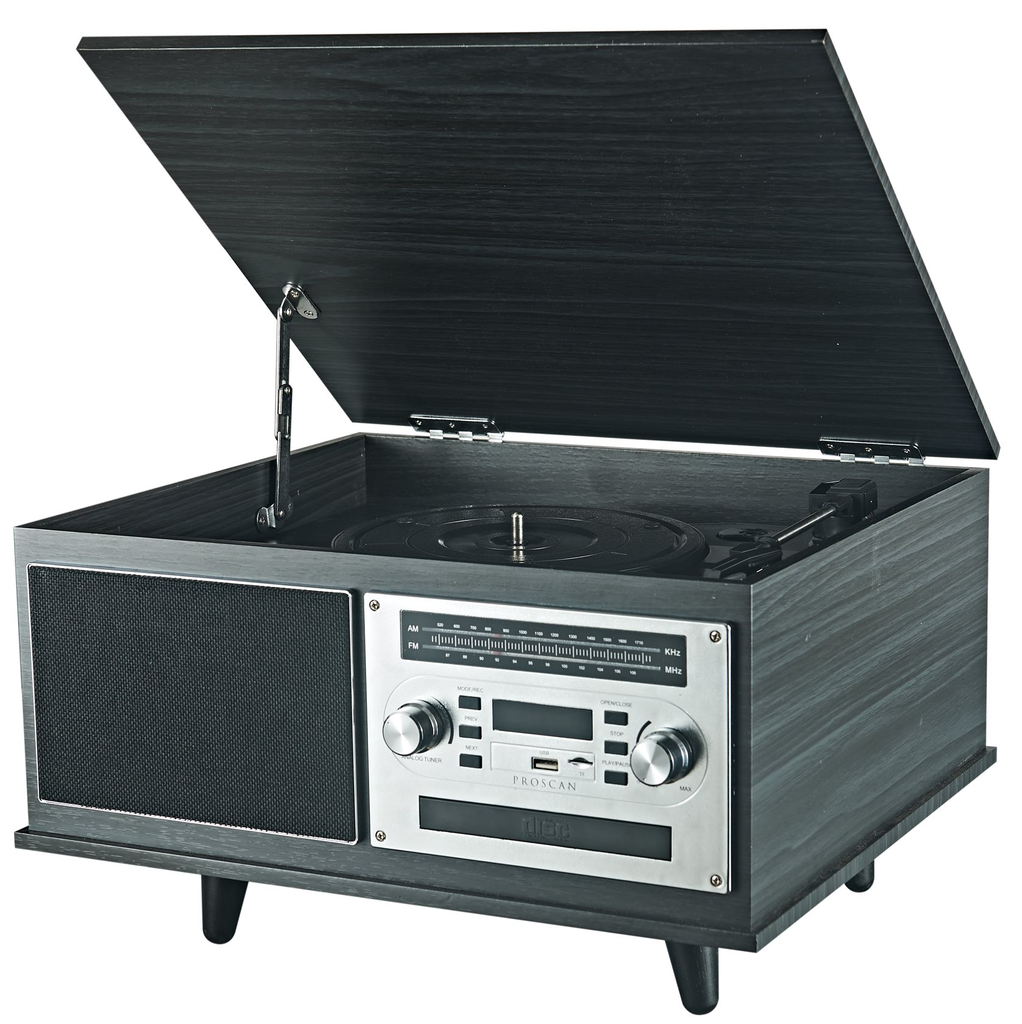 Sistema De Musica Proscan Nostalgia 7 En 1 Tocadisco CD Casette Radio Fm Bluetooth Entrada Aux Y Usb Negro