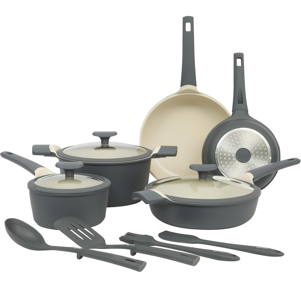 Juego De Ollas Y Utensilios Oster Platinum Rooney 12 Pzas De Ceramica Antiadherente De Induccion Gris