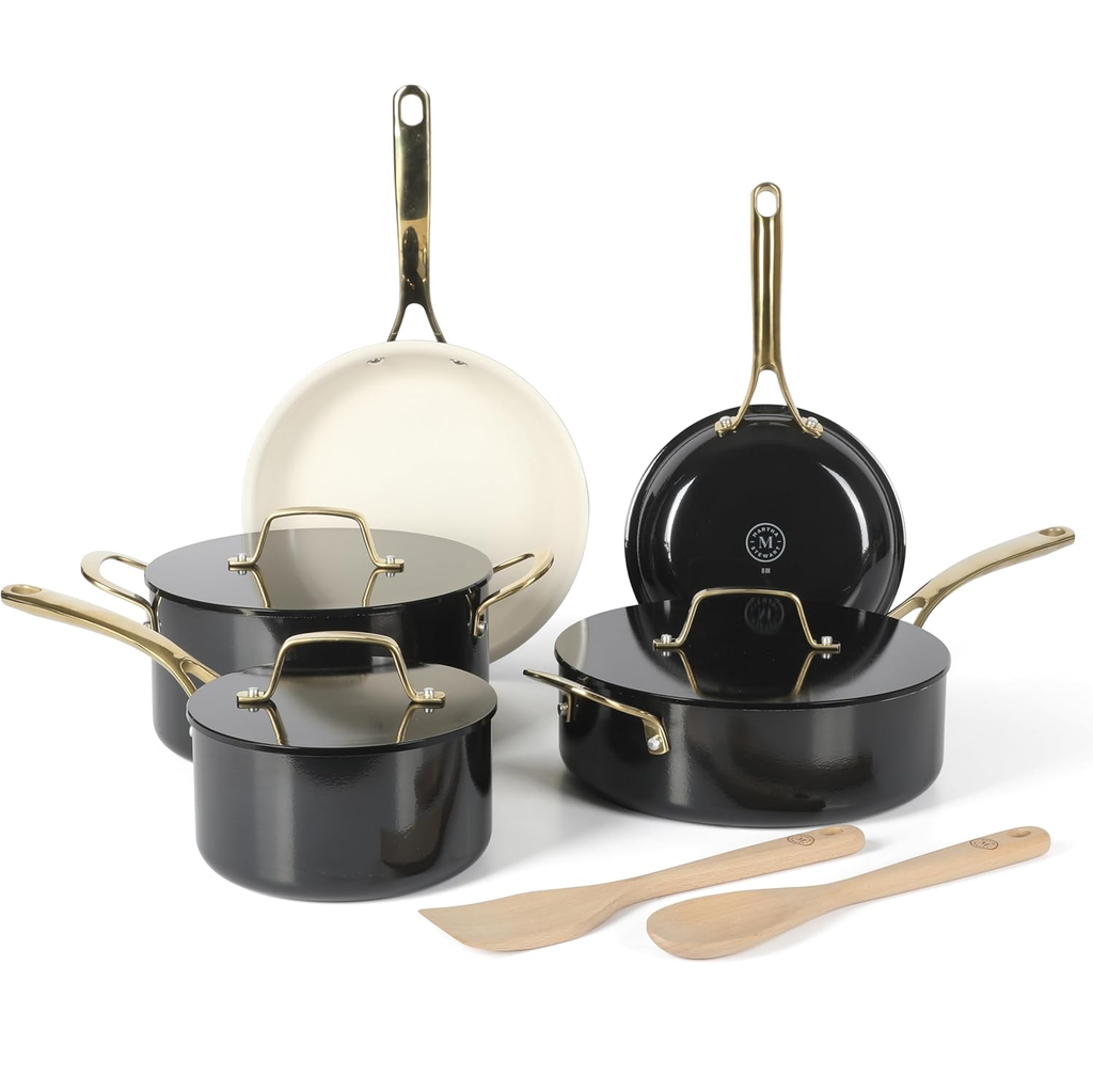 Juego De Ollas Y Utensilios Martha Stewart Galway Premium 10 Pzas Antiadherente De Ceramica Negro Y Dorado