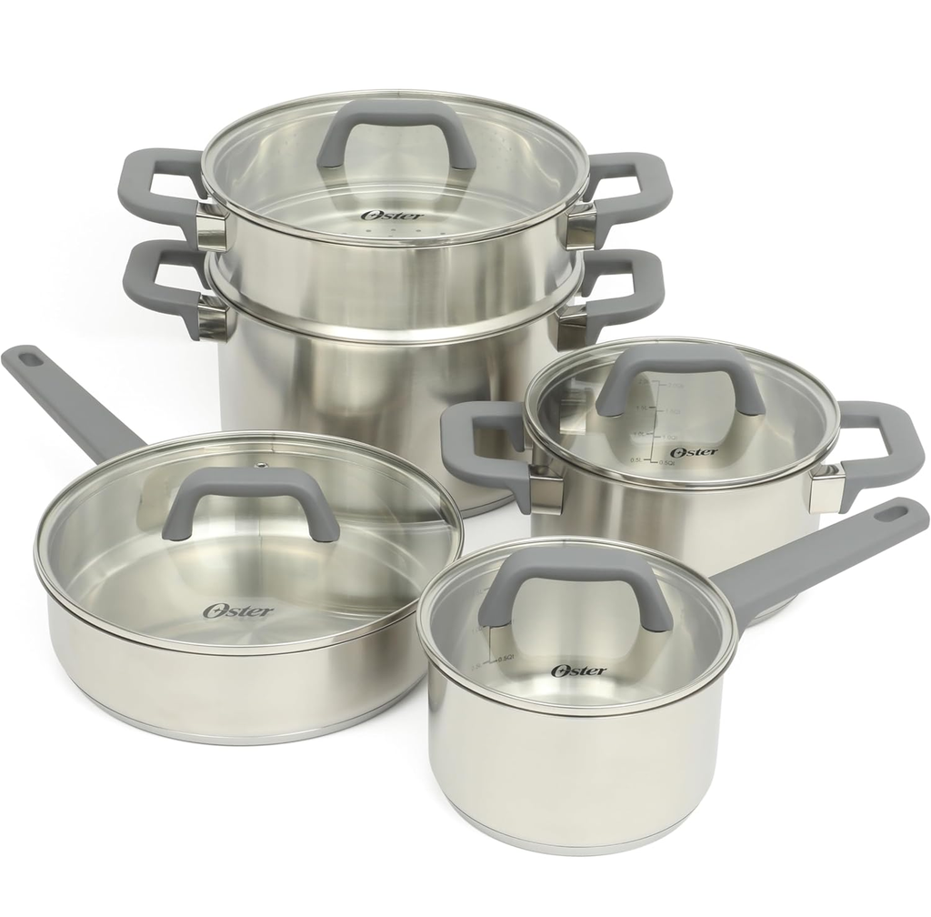 Juego De Ollas Oster Beauford 9 Pzas De Induccion Base Encapsulada Acero Y Gris
