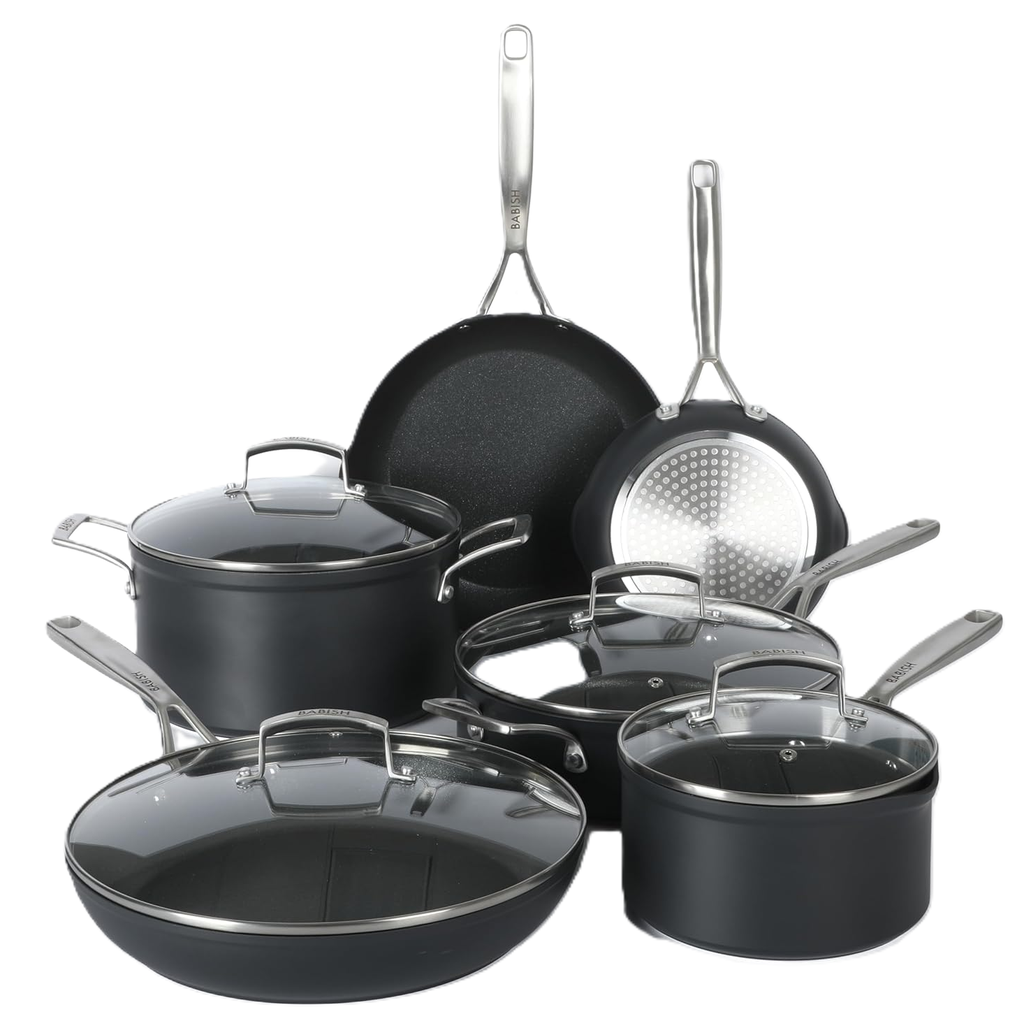 Juego De Ollas Babish 10 Pzas Titanio Anodizado Duro Antiadherente De Induccion Apto Para Horno Negro