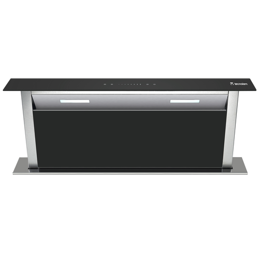 Campana De Isla 90 Cm Tecnolam Downdraft Telescopica Motor Doble Turbina Luces MultiLed Vidrio Negro