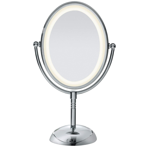 Espejo Conair De Mesa Doble Cara Ovalado Giratorio Con Luz LED Aumento 1X/7X Plateado