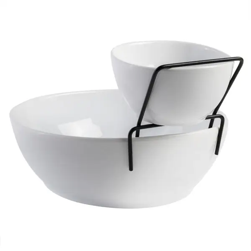 Juego De Bowls Gracious Dining 3 Pzas De Ceramica 2 Niveles Con Soporte Metalico Blanco