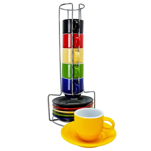 Juego De Tazas Para Cafe Gibson Home 13 Pzas Con Platillos Y Soporte Metalico Multicolor
