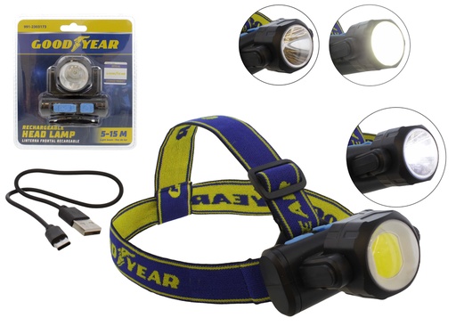 Linterna Frontal Goodyear Recargable Alcance 5-15 Mts Negro Y Azul