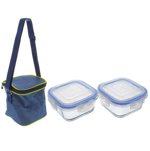 Lonchera Termica Glamour 3 Pzas Con Envases De Vidrio Azul
