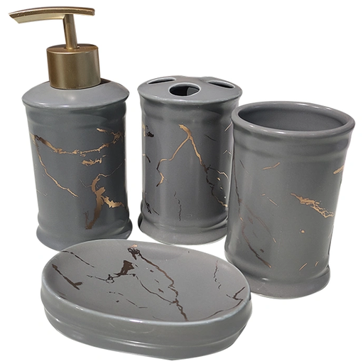 Set De Baño Pacific Club 4 Pzas Dispensador De Jabon Portacepillos Vaso Y Jabonera Gris Y Dorado