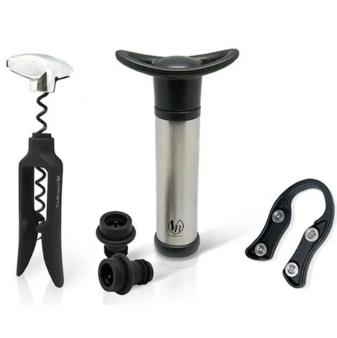 Set Sacacorchos Vin Bouquet 2 Tiempos Bomba De vacio Con 2 Tapones Negro Y Plateado