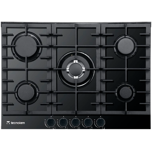 Tope A Gas 70 Cm Tecnolam Nero Con Perillas Adaptador De Wok Valvula De Seguridad Vidrio Templado Negro