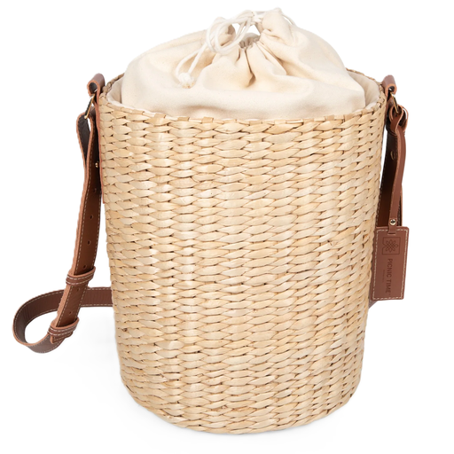 Bolsa Termica Picnic Time Palermo Tejido De Junco Con Correa De Cuero Beige Y Marron