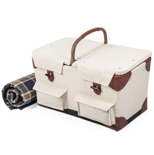 Canasta Picnic Time Pioneer Deluxe De Lona 2 Tapas Para Acceso Separado Con Asa Manta Y Accesorios Beige Y Marron