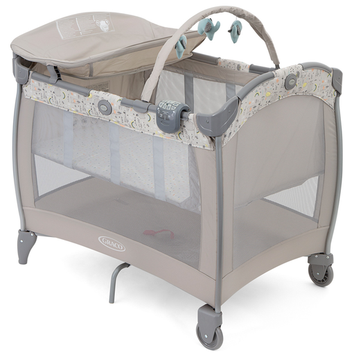 Corral Graco Pack N Play Plegable Con Moises Extraible Cambiador De Pañales Patas Y Ruedas Gris Y Beige