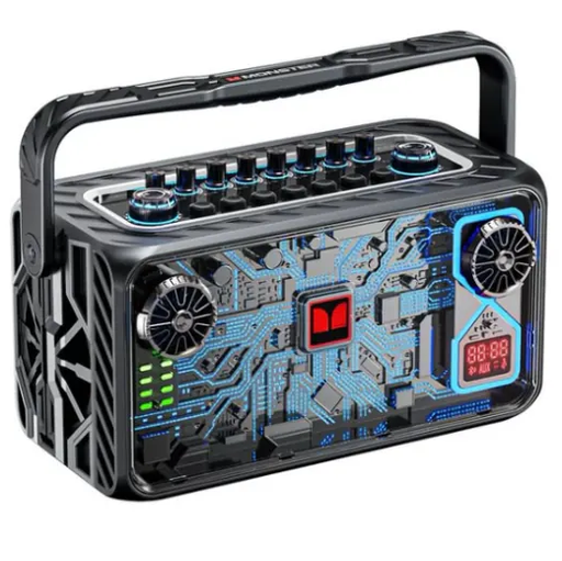 Corneta Monster Airrock Portatil Recargable Con Bluetooth Y 2 Microfonos Inalambricos Negro Y Azul
