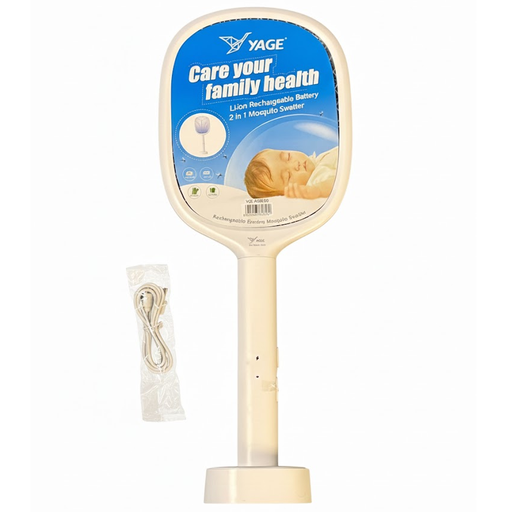 Raqueta Antimosquitos Yage Recargable 2 en 1 Con Base 4 LED UV Y Cable Tipo C Blanco