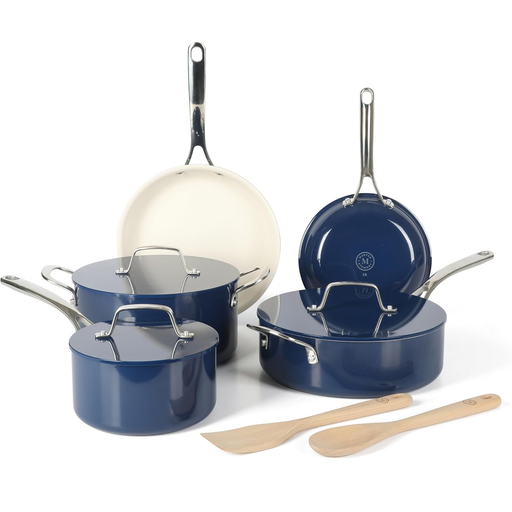 Juego De Ollas Y Utensilios Martha Stewart Galway Premium 10 Pzas Antiadherente De Ceramica Azul Marino Y Plateado