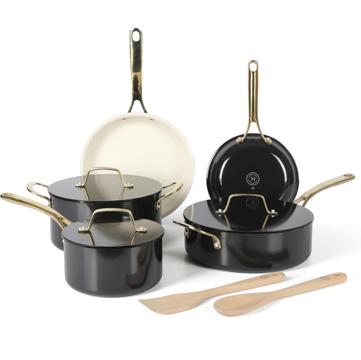 Juego De Ollas Y Utensilios Martha Stewart Galway Premium 10 Pzas Antiadherente De Ceramica Negro Y Dorado