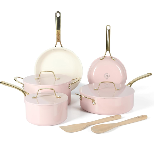 Juego De Ollas Y Utensilios Martha Stewart Galway Premium 10 Pzas Antiadherente De Ceramica Rosado Y Dorado
