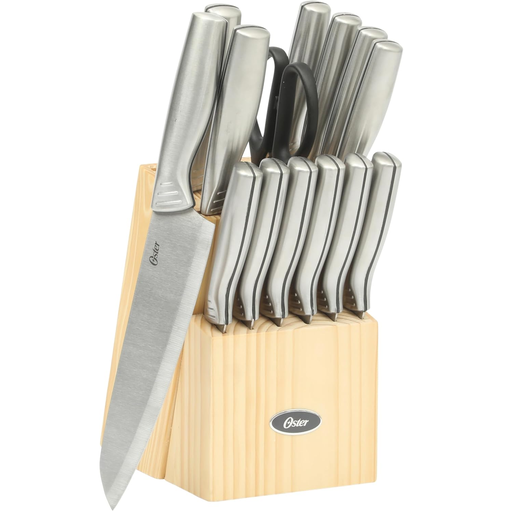 Juego De Cuchillos Oster Eckert 15 Pzas Con Base De Madera Acero Y Beige