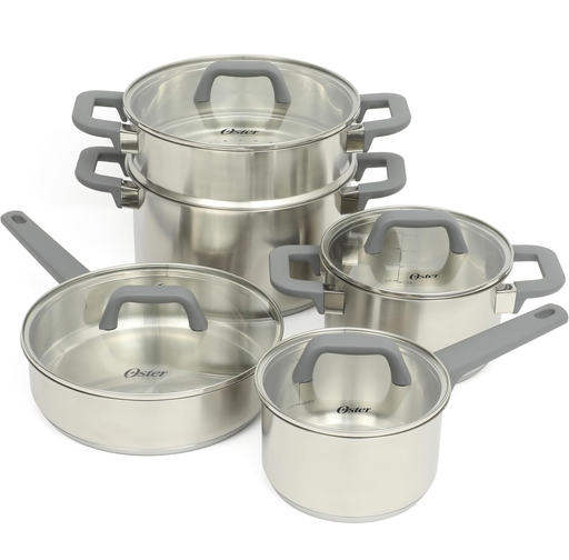 Juego De Ollas Oster Beauford 9 Pzas De Induccion Base Encapsulada Acero Y Gris