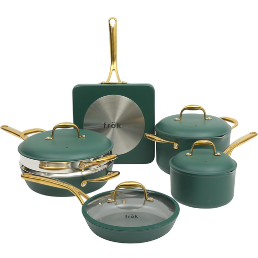 Juego De Ollas Frok 10 Pzas De Induccion Antiadherente De Ceramica Verde Y Dorado