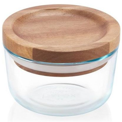 Contenedor Pyrex 4 Tazas Con Tapa De Madera Redondo Transparente Y Marron