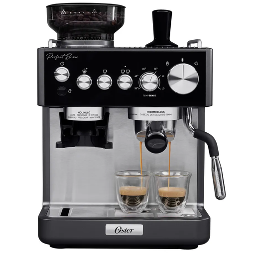 Cafetera Expreso Oster Perfect Brew Maxima 15 Bares Molino Ajustable Tecnologia Antiestatica Y Espumador Negro Y Plateado