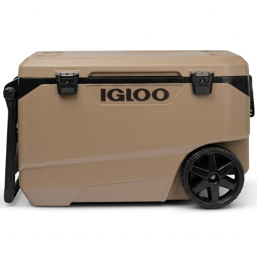Cava Igloo MaxCold Latitude Roller 85 Lts 90 Qt 137 Latas Con Ruedas Asas Y Portavasos Marron