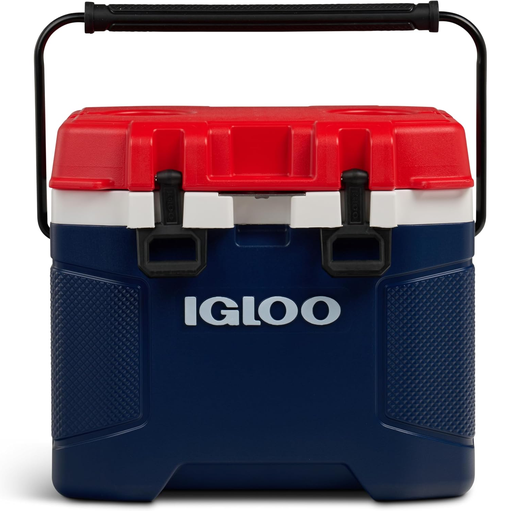 Cava Igloo Trailmate 23 Lts 25 Qt 38 Latas Con Asa Portavasos Y Abridor De Botellas Azul Rojo Y Blanco