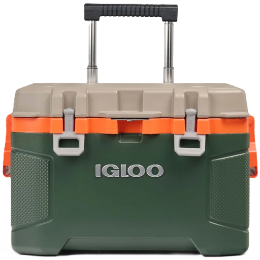 Cava Igloo Trailmate 49 Lts 52 Qt 80 Latas Con Ruedas Asa Telescopica Portavasos Y Abridor De Botellas Verde Beige Y Naranja