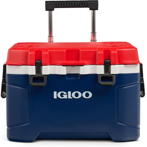 Cava Igloo Trailmate 49 Lts 52 Qt 80 Latas Con Ruedas Asa Telescopica Portavasos Y Abridor De Botellas Azul Rojo Y Blanco