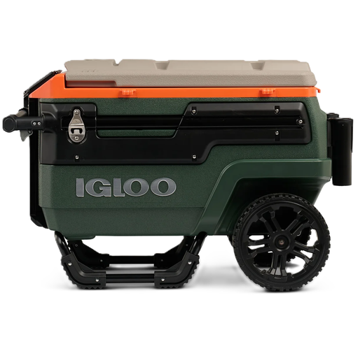 Cava Igloo Trailmate Journey 66 Lts 70 Qt 112 Latas Con Ruedas Asa Telescopica Cesta Y Bandeja Verde Beige Y Naranja