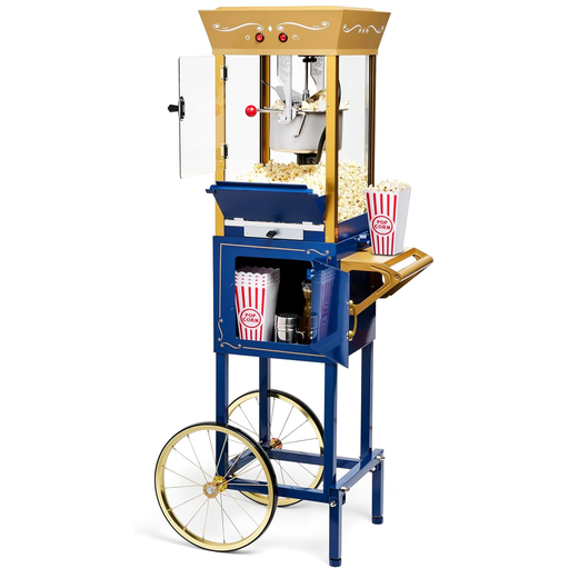 Carro De Cotufas Nostalgia Professional 32 Tazas Compartimento De Almacenamiento Con Acc Azul Y Dorado