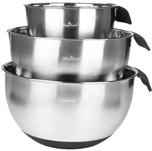 Juego De Bowls Magefesa 3 Pzas Para Mezclar Con Tapas Y Mango Acero Y Negro