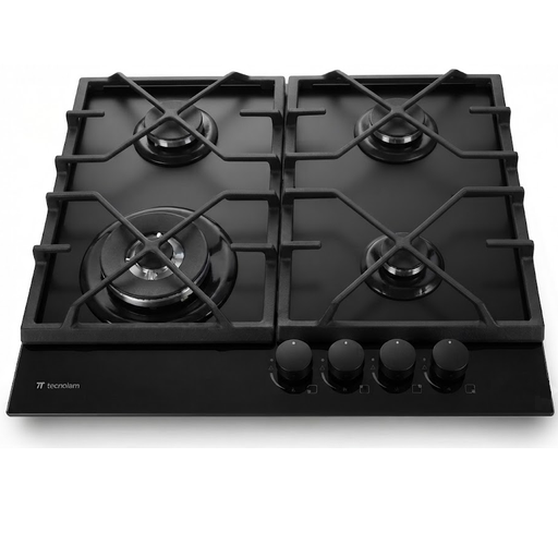 Tope A Gas 60 Cm Tecnolam Vetro Con Perillas Sensor De Seguridad Antifugas Negro Mate